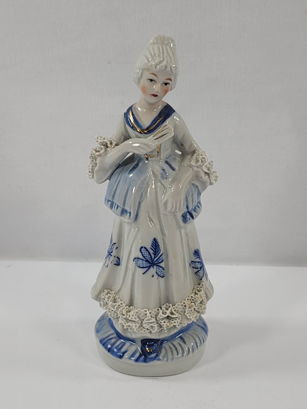 Vintage Blue and White Porcelain Victorian Lady Figurine with Lace Trimmed Dress
